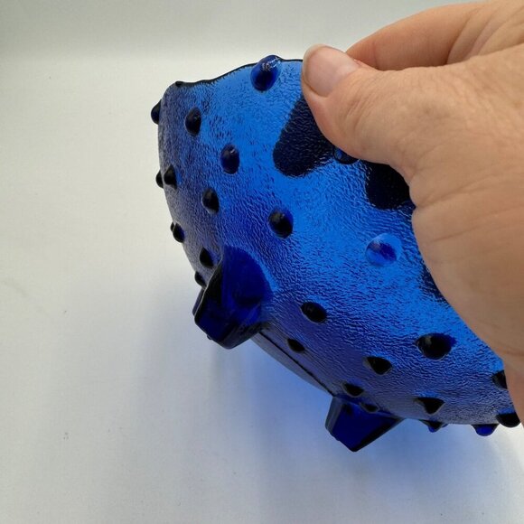 Unusual Vintage Collectible Cobalt Blue Blown Glass Hobnail Footed Serving Bowl - Picture 10 of 10
